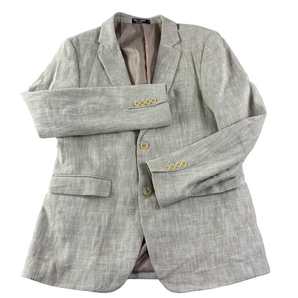 Paul Jones Blazer Mens M Beige Herringbone Linen Sport Coat Sophisticated Travel - Picture 2 of 11